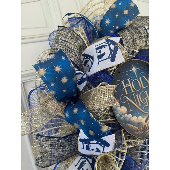 Holy Night Nativity Wreath Christmas Door Decor | Blue and Gold Holiday Wreath - Picture 4 of 9